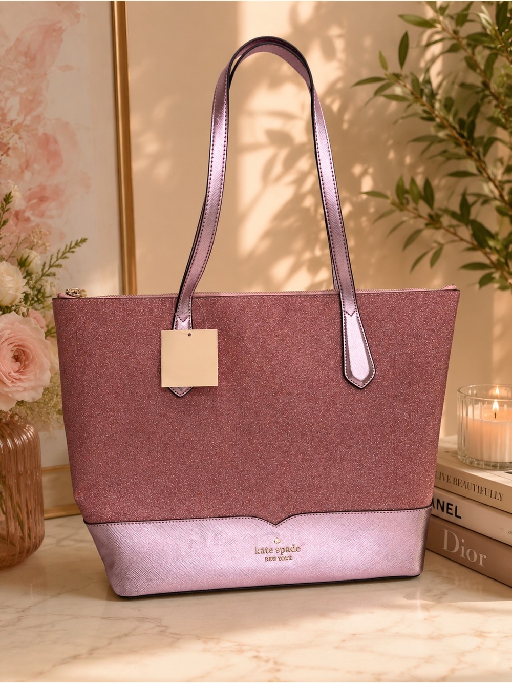 Kate Spade Pink Glitter Tote Bag Lola Rose Pink Purse NEW